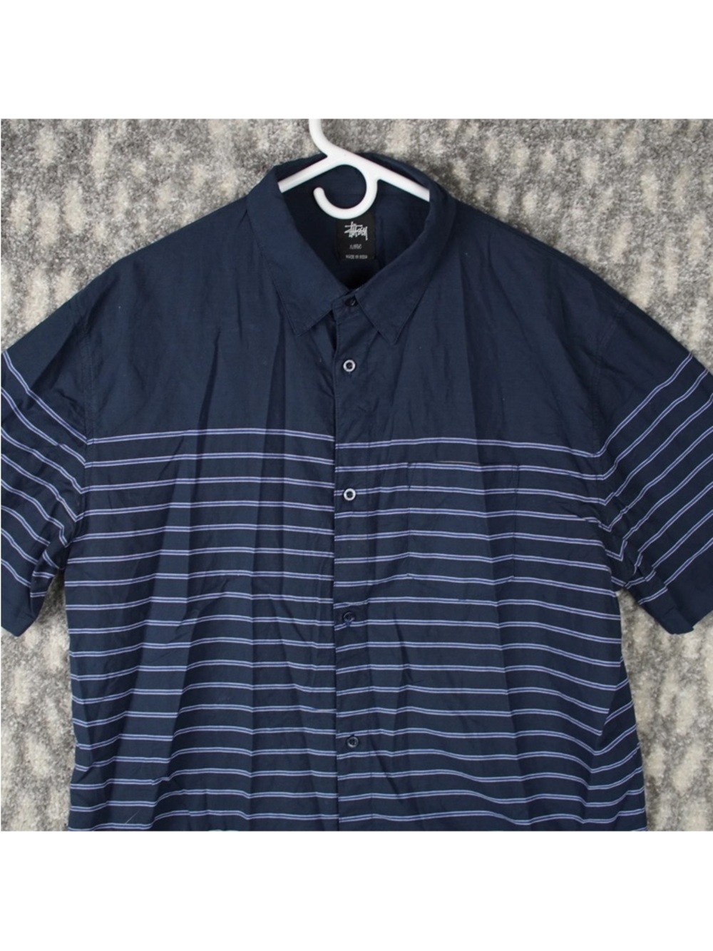 Stussy Short Sleeve Button Up Shirt Mens X-Large Navy Blue Striped Logo Street - Picture 3 of 13